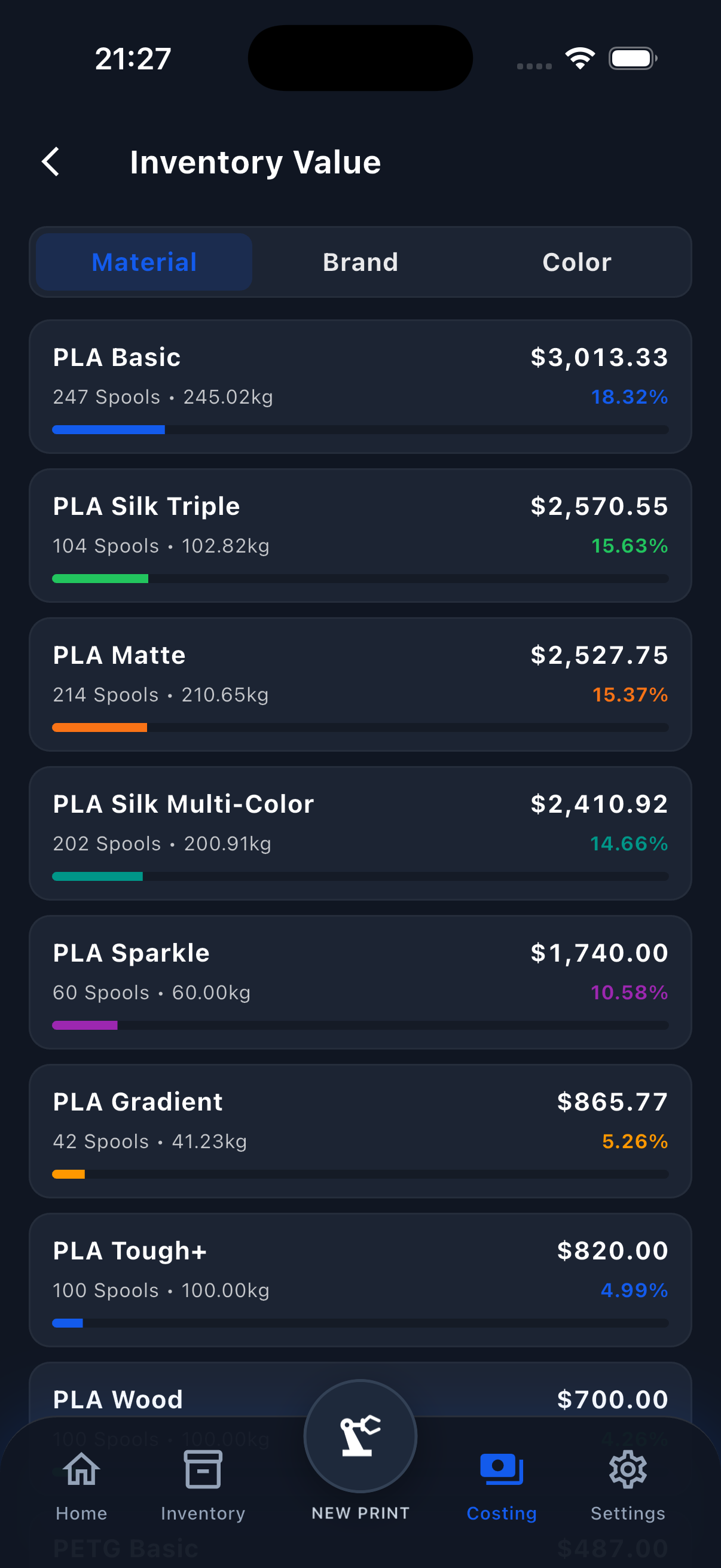 Filament Genius mobile interface for filament and print cost analysis